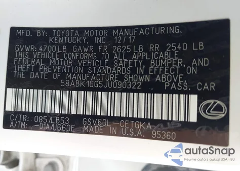 2018 Lexus Es 350 z USA, uszkodzony, nr VIN 58ABK1GG5JU090322